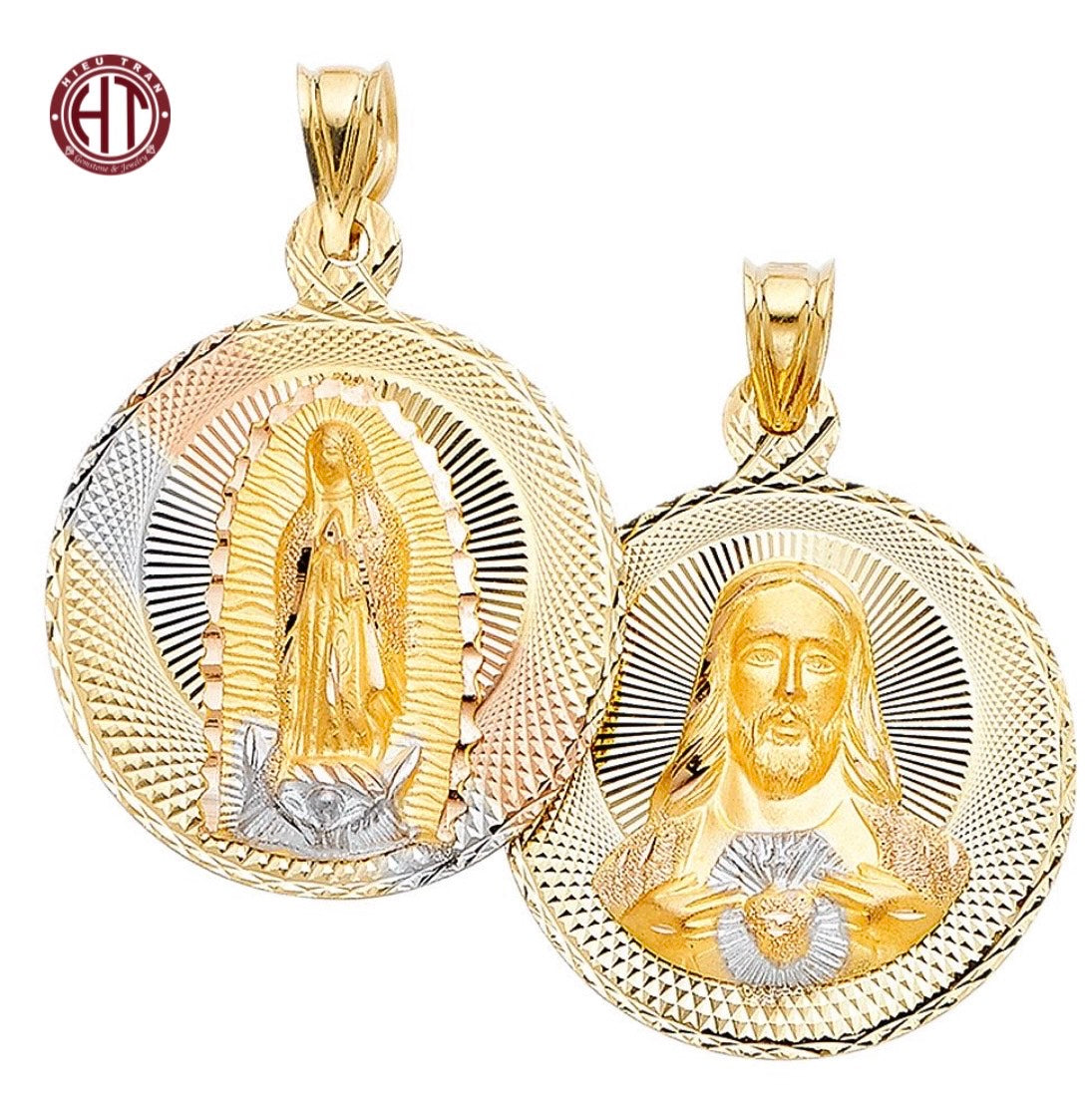14K Italian Gold Jesus Christ & Ave Maria Double Side Pendant #PT310P118